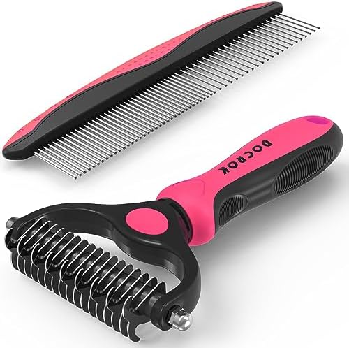 Docrok Pet Grooming Combo - Blue Deshedding Brush with Metal Comb for Detangling and Dematting Long, Matted Fur on Cats and Dogs