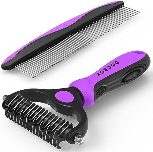 Docrok Pet Grooming Combo - Blue Deshedding Brush with Metal Comb for Detangling and Dematting Long, Matted Fur on Cats and Dogs