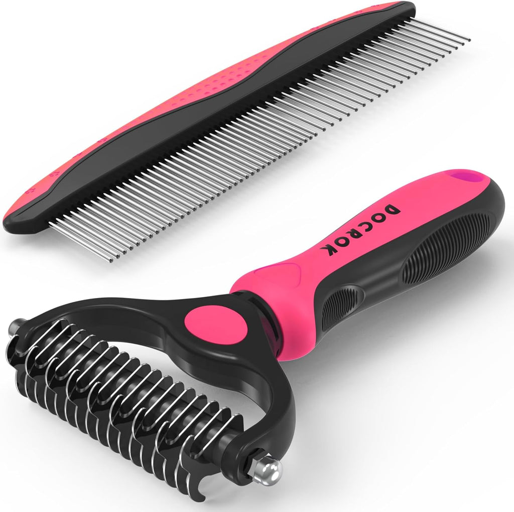 Docrok Pet Grooming Combo - Blue Deshedding Brush with Metal Comb for Detangling and Dematting Long, Matted Fur on Cats and Dogs