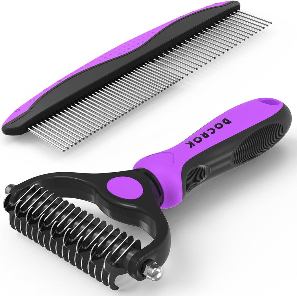 Docrok Pet Grooming Combo - Blue Deshedding Brush with Metal Comb for Detangling and Dematting Long, Matted Fur on Cats and Dogs